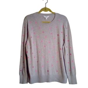 Time and Tru XXL 20 Gray Pink Embroidered Hearts Front Stretch Pullover Sweater